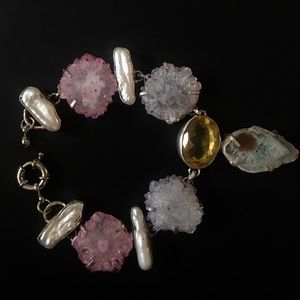 Natural citrine quartz and pearl silver bracelet